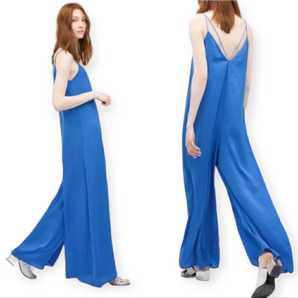 Zara electric blue oversized strappy satin effect wide leg jumpsuit, small